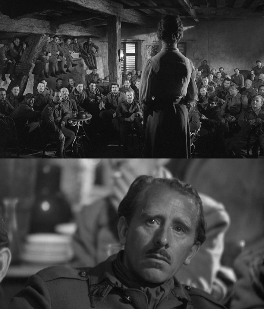 The tavern scene uses close-ups to show the feelings of each individual soldier, singing in unison.